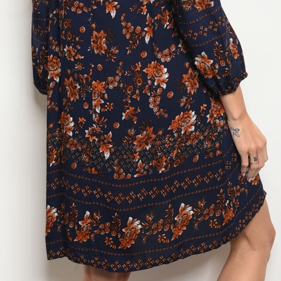 Brand New Navy Floral Boho Cold Shoulder Dress - Picture 5 of 7
